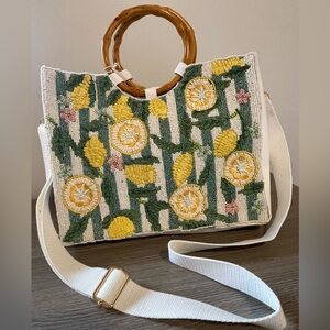 Floral Beaded Lemon Tote Bag with Bamboo Handles and Crossbody Strap